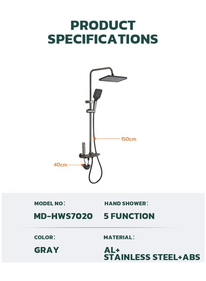مودي نظام لوحة دش رمادي فاخر مع رأس دش مطري مربع ودش يدوي بخمس وظائف مصنوع من مادة ABS، وخلاط حراري مثبت على الحائط، مصنوع من الفولاذ المقاوم للصدأ ومادة ABS، سهل التركيب للحمام - Image 3